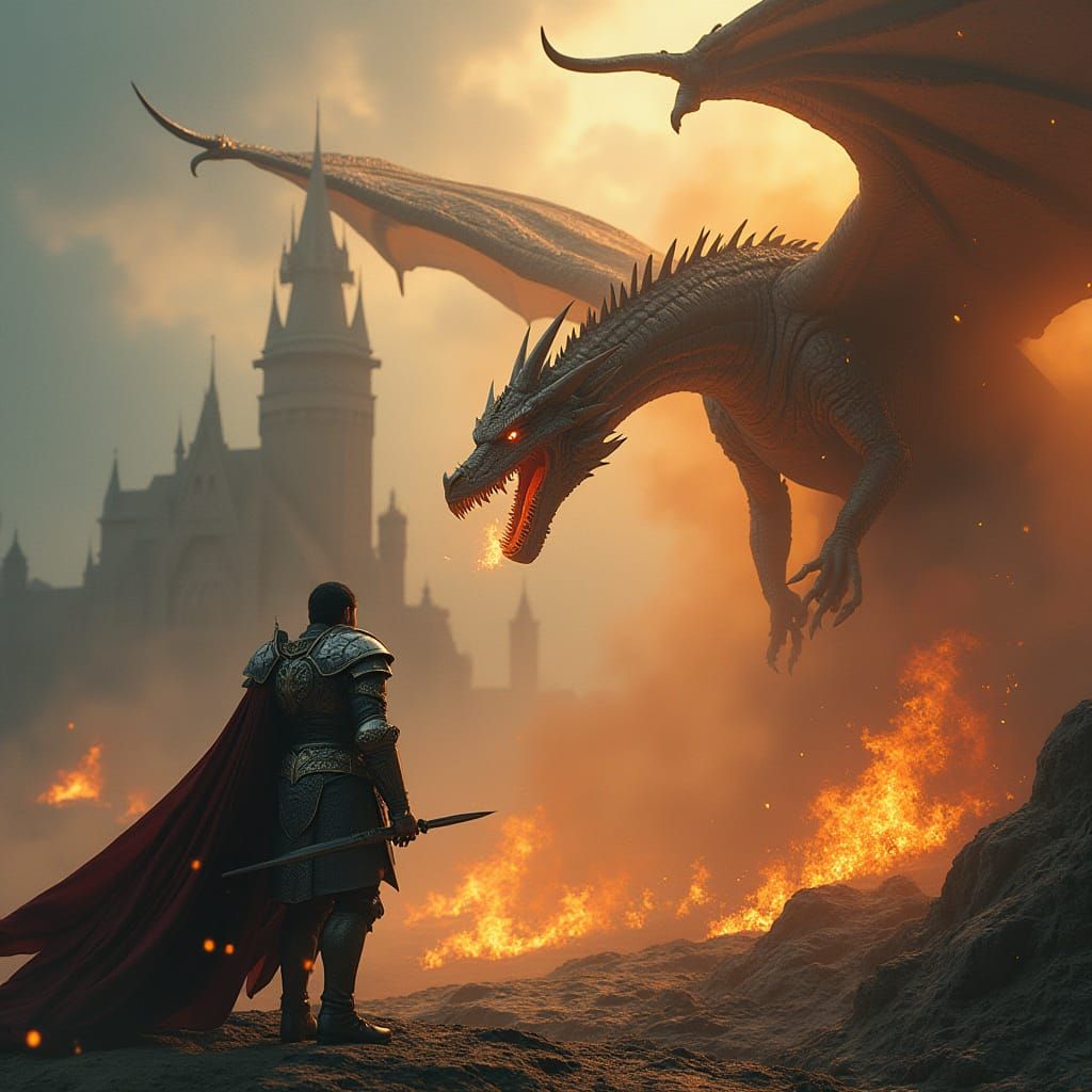 Majestic Dragon Breathes Fire on Knight in Silvery Castle La...