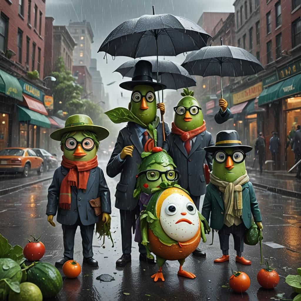 Fruits and Vegetables Enjoying Rain, Digital Art
