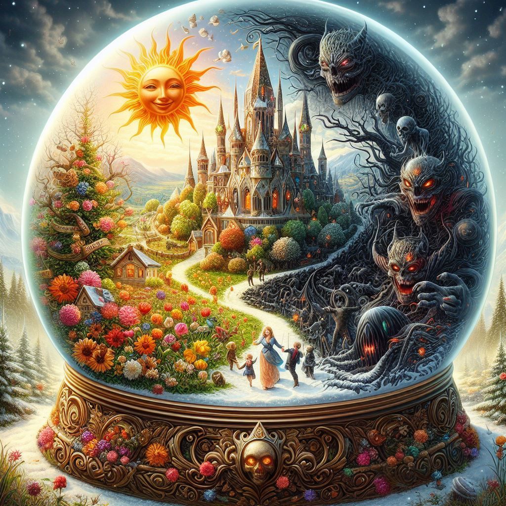 Snow globe depicting good and evil.
