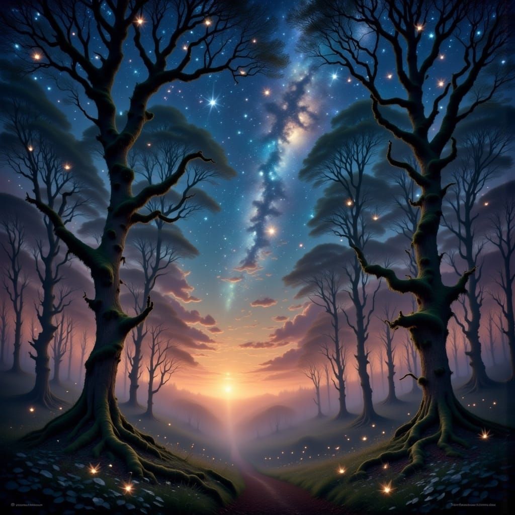 Skies paint the horizon, in hues of amber night
Nature's voice a guide, under twinkling starlight
Leaves whisper in the air, colors start to...