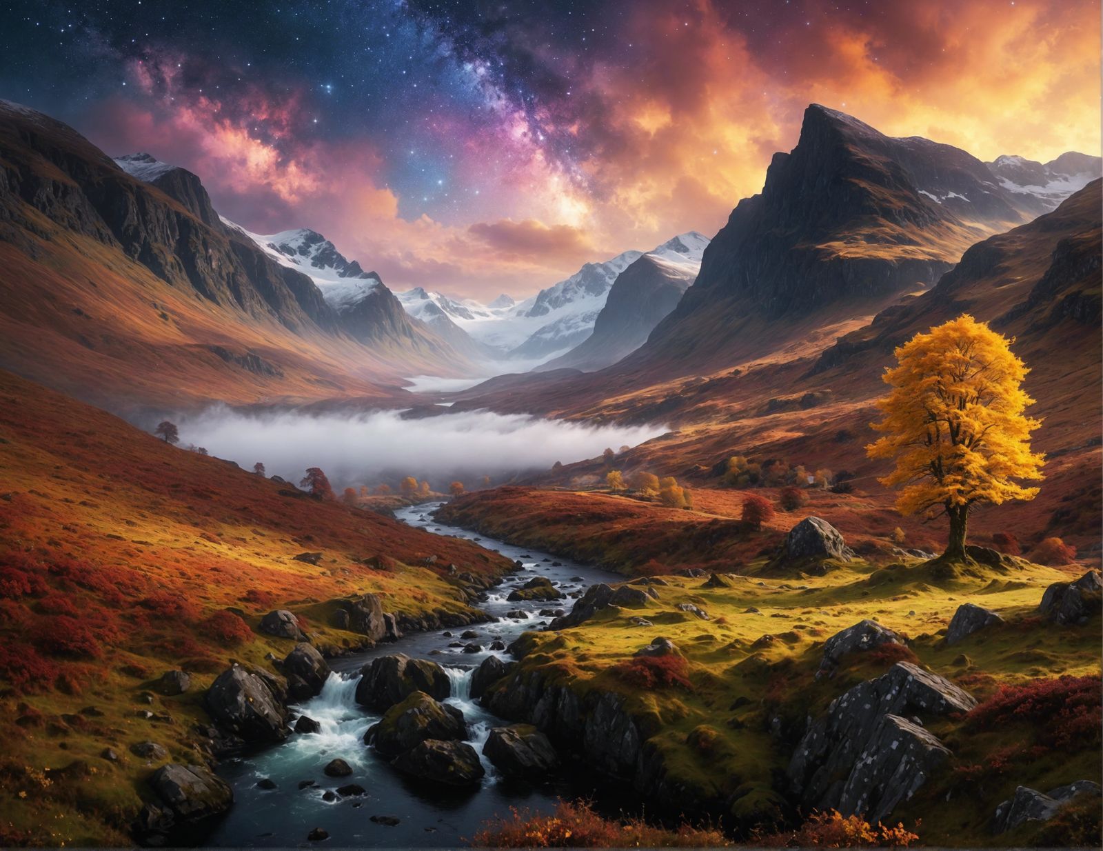 Scottish highlands with brilliant and colourful stars in the sky, misty, fall scene, matte painting by Stanley Twardowic...