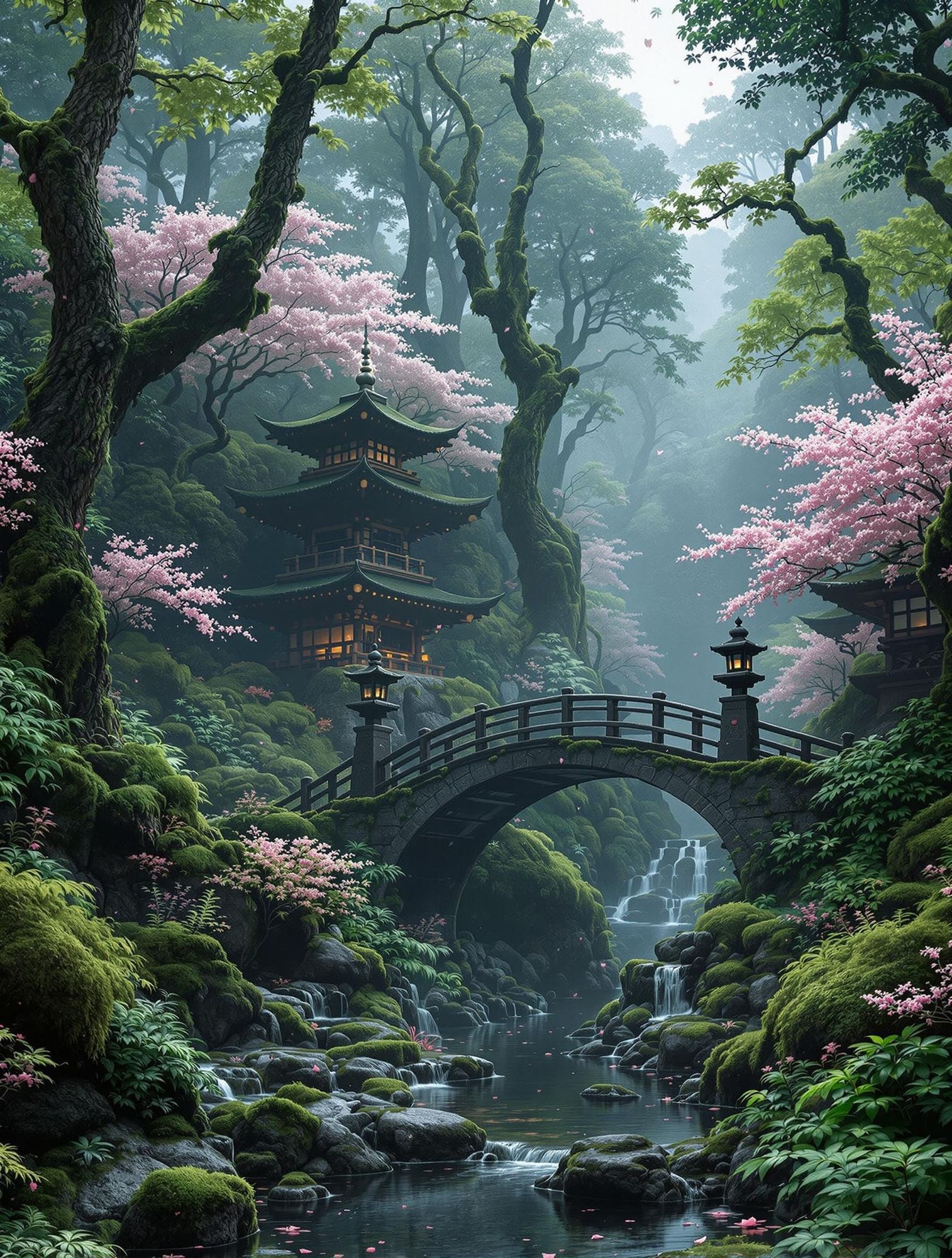 Masterpiece, ultra-detailed, atmospheric Japanese garden lost in time. Deep within a misty northern Japanese forest (inspired by Yakushima/S...