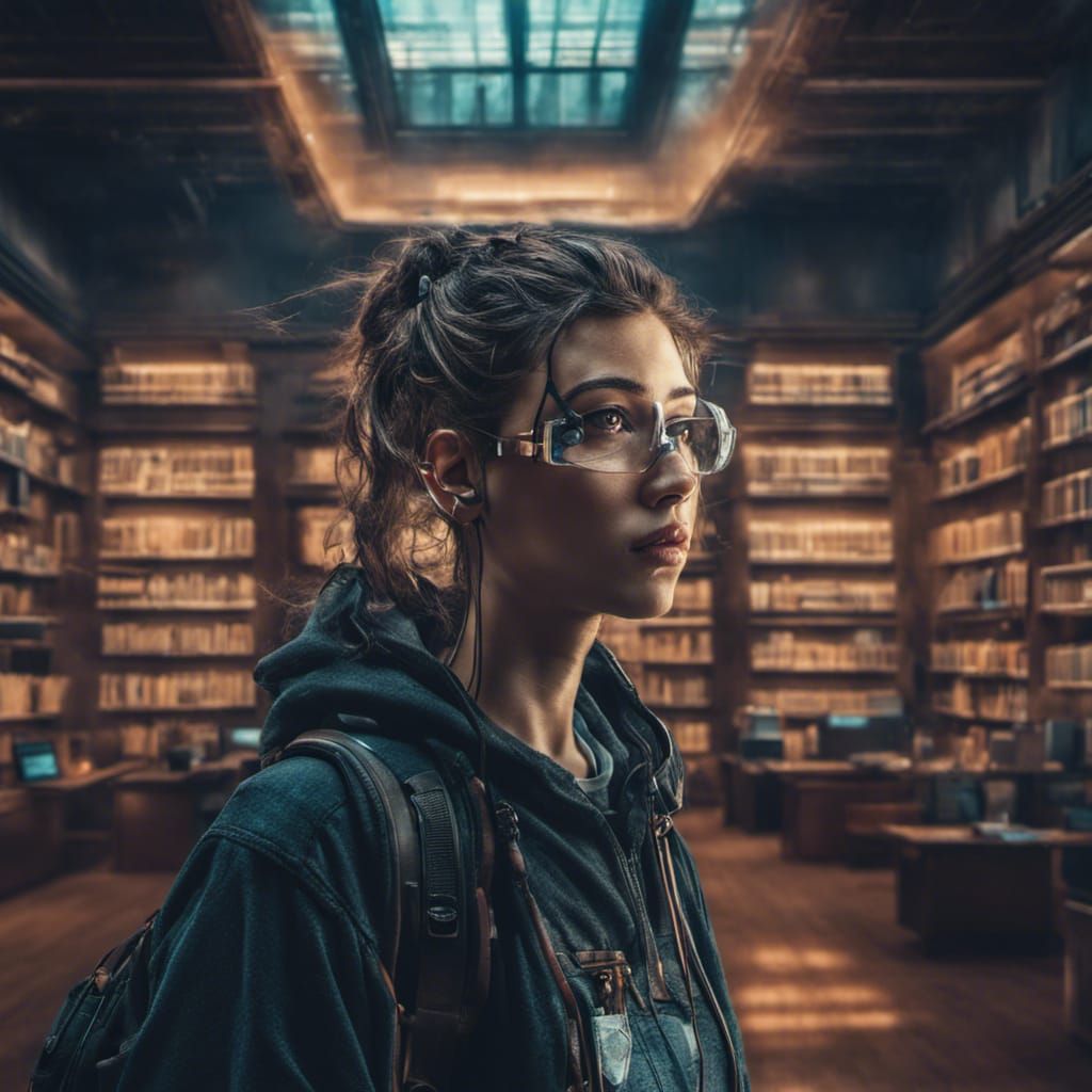 Portrait of a cyberpunk college student in a library.  by @undefined