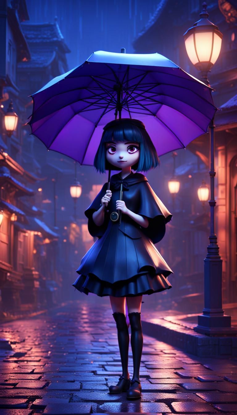 GothLoli girl holding an umbrella at night