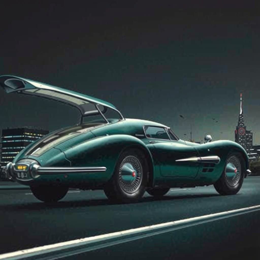 Pulp era sci-fi retrofuturism: 21st Century future car parked on a precision highway (2)