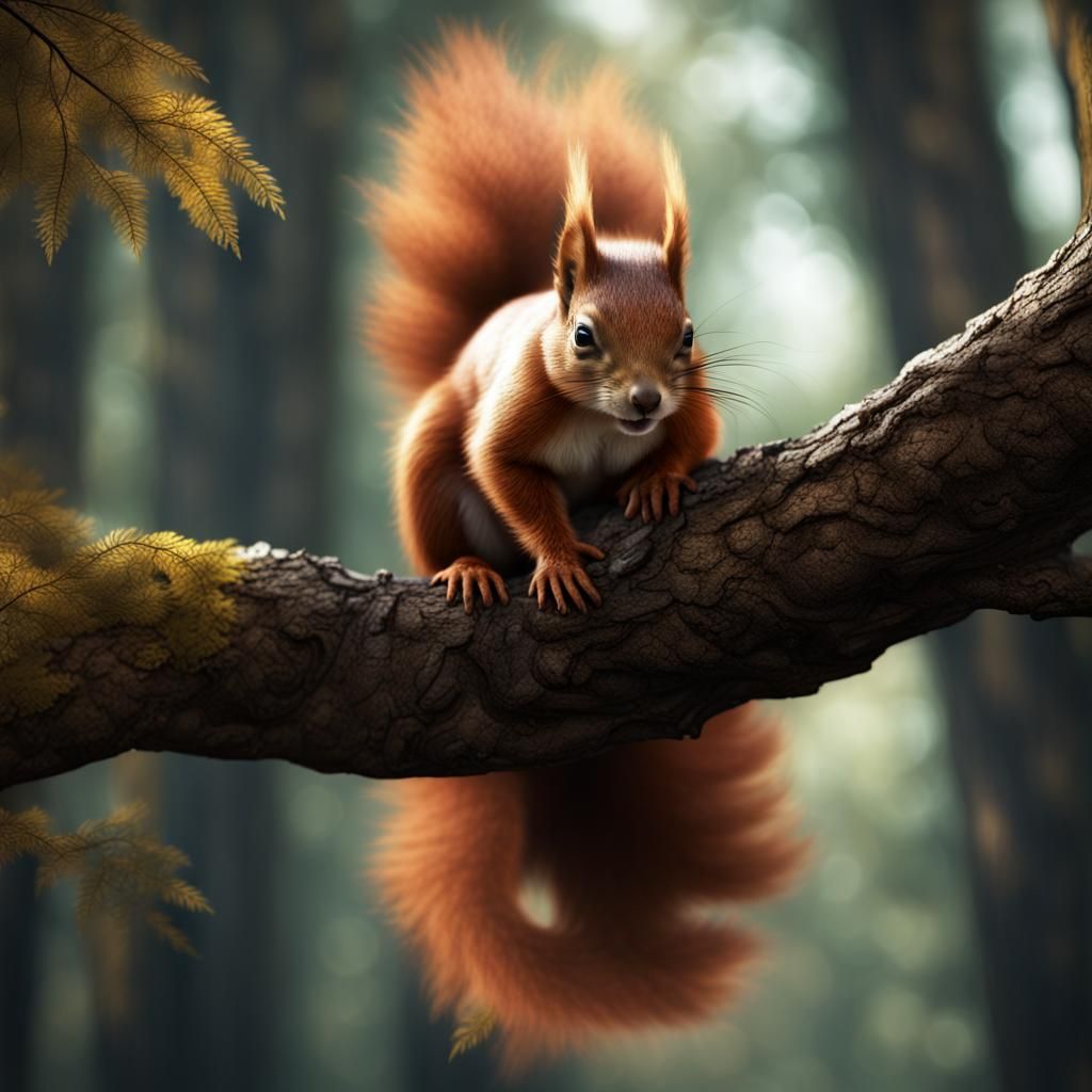 An Image Of A Curious Red Squirrel Sitting On A Tree Branch In A Forest 