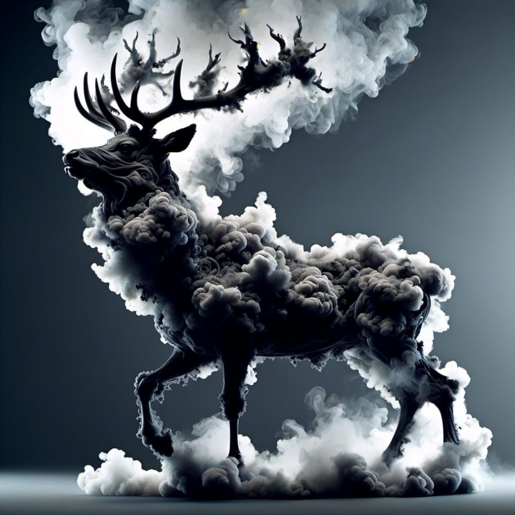 <lora:HRH-smoke-v2:1.0> hyper detailed three dimensional, a magnificent stag made entirely from smoke