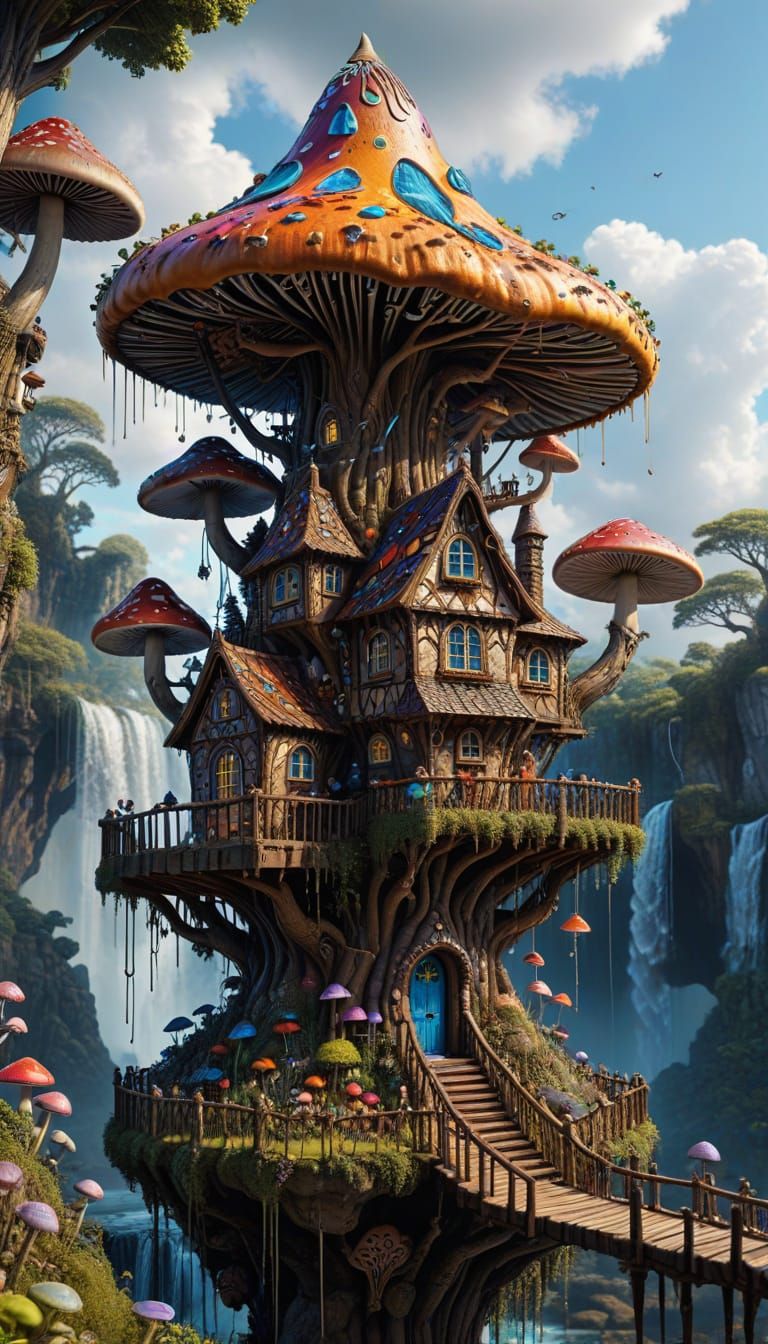 The Enchanted Gingerbread Treehouse: A Psychedelic Mushroom Haven Above the Skyfall