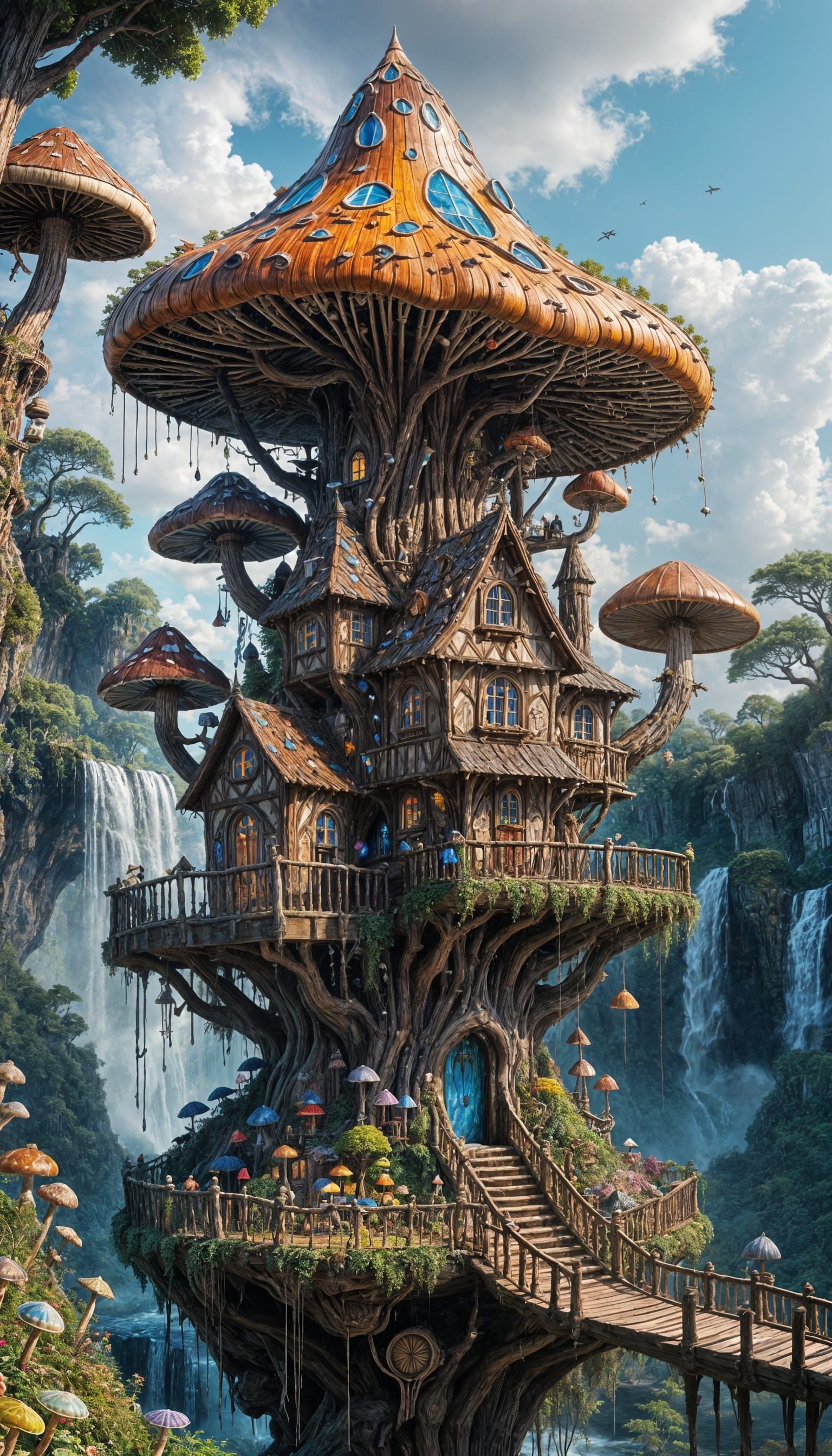 The Enchanted Gingerbread Treehouse: A Psychedelic Mushroom Haven Above the Skyfall  by @Heralyn