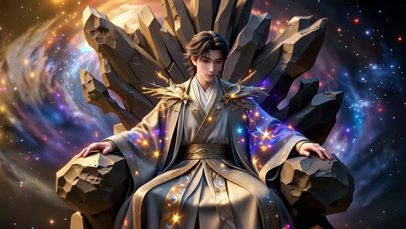 A young prince, adorned in shimmering celestial robes embroidered with constellations, sits upon a throne carved from a ...