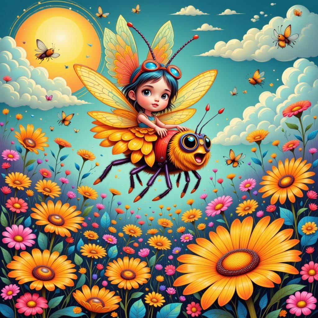 <lora:Shyvibes:1.0> A whimsical fairy riding a bumblebee through a field of giant, retro-patterned flowers. The fairy wears a dress made of ...