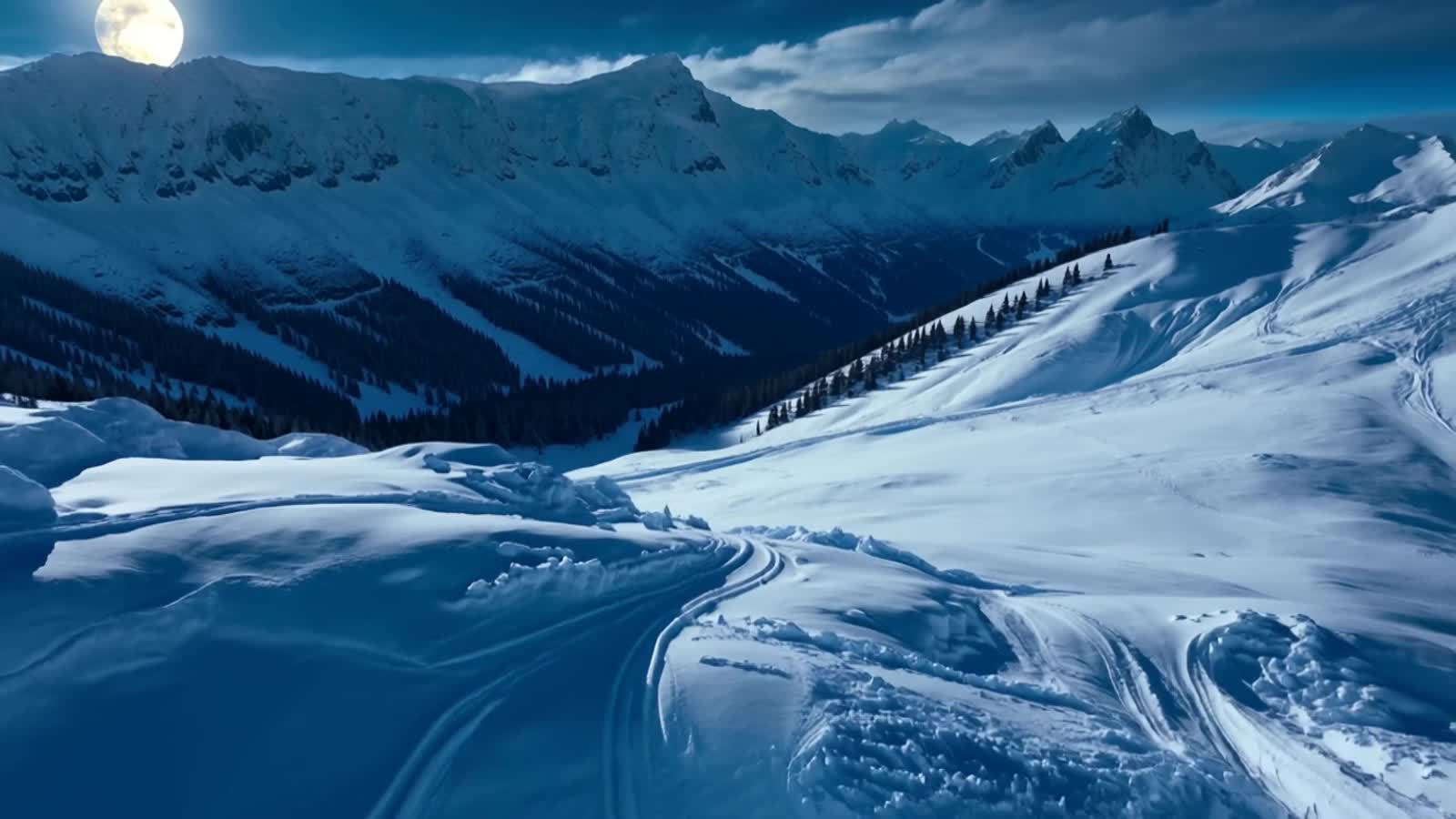 A snowy mountain at night under a pale full moon, dark forest in the distance, eerie atmosphere, cold bluish color tone,...