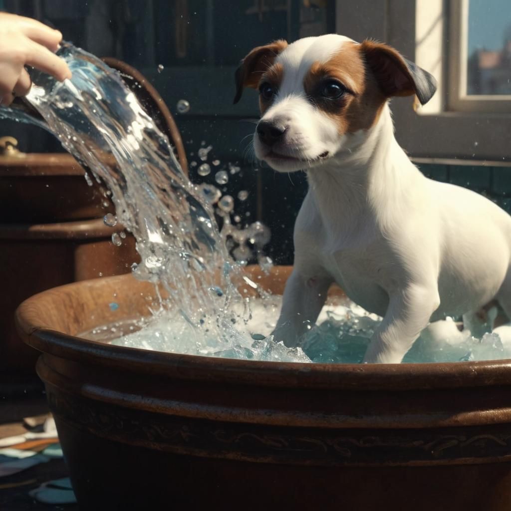 A Jack russell terrier puppy having a bath