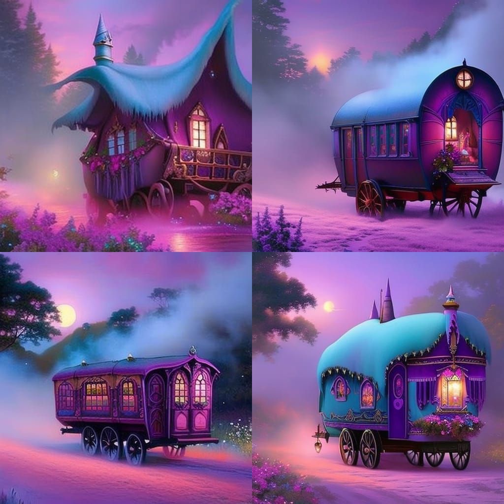 Purple Gypsy caravan wagon house& gothic vibes& fantasy vibes& ethereal