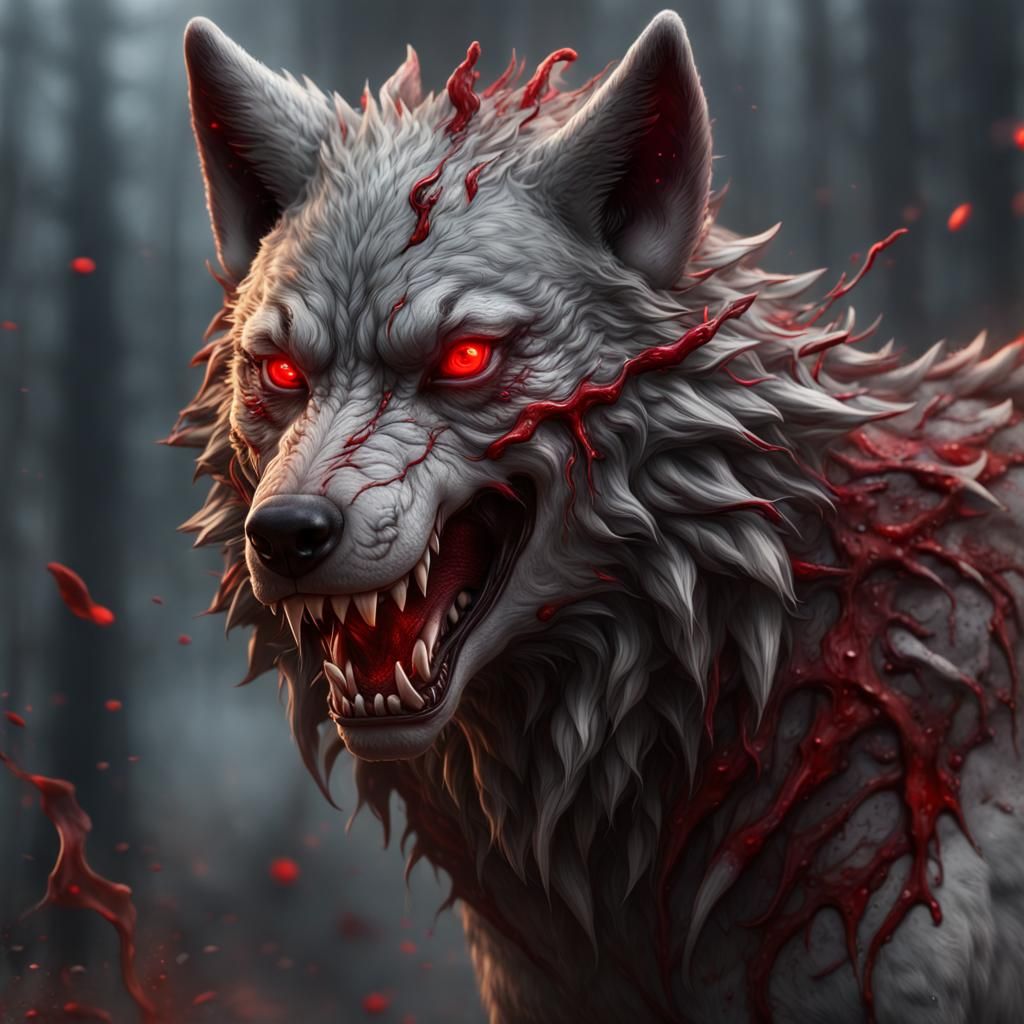 wolf red eyes with deep bleeding gashes on neck chest and si...