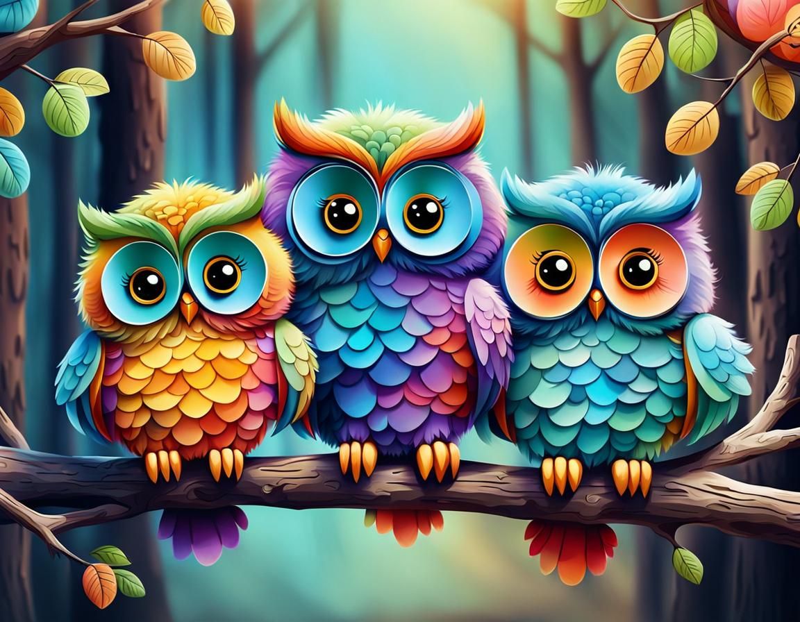 Colorful Fluffy Owls on a Branch
