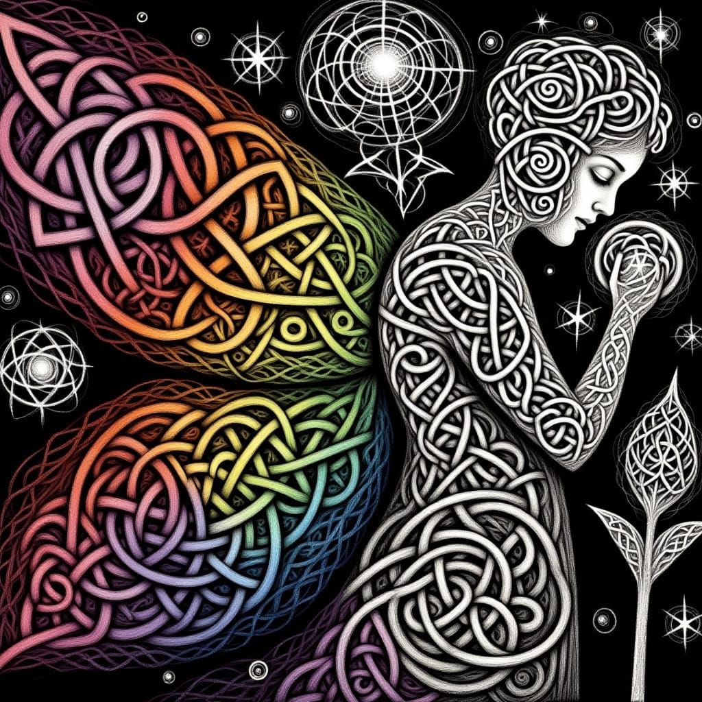 <lora:Knot Work Sketches:1.0>  Fairy in a Knotwork cosmos