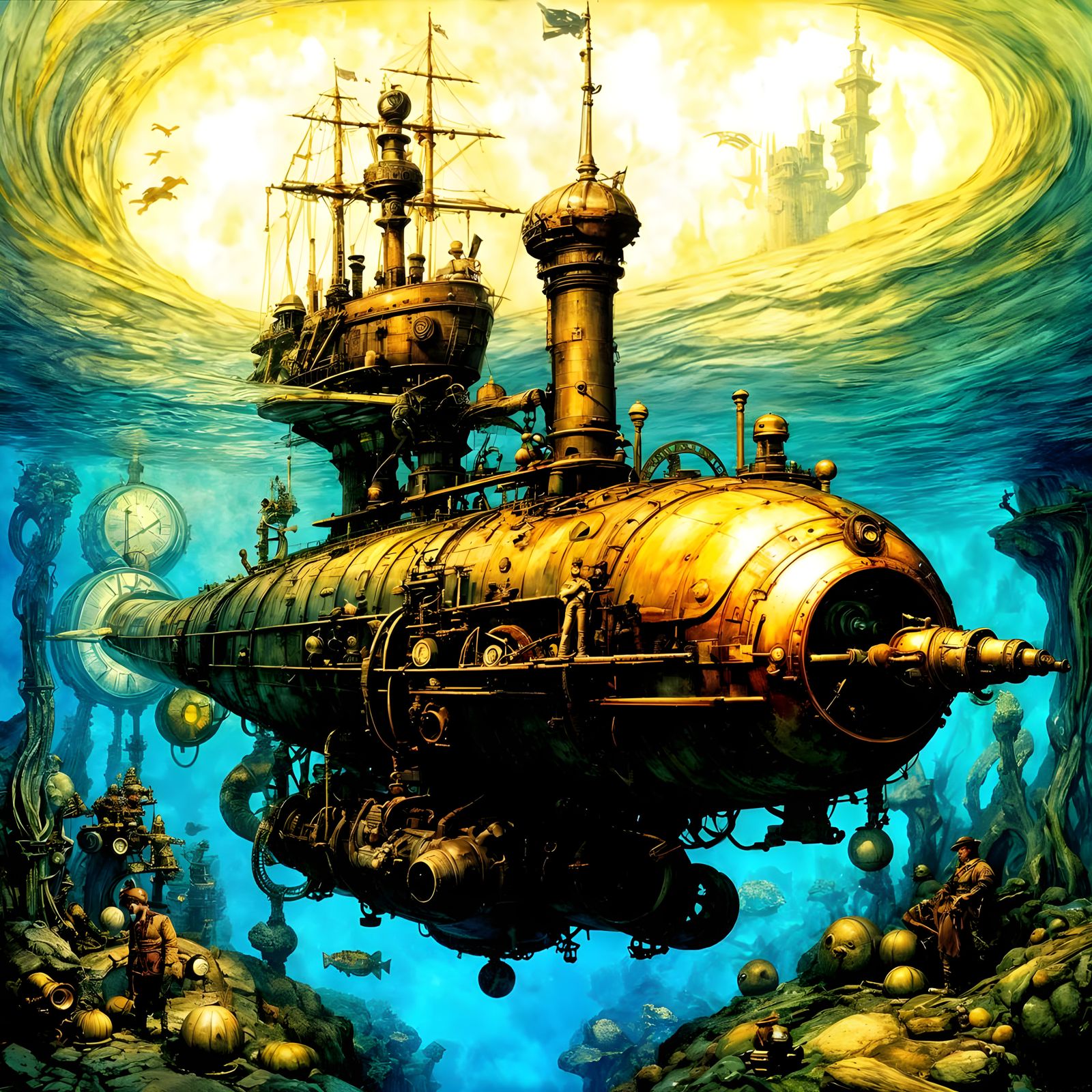 Steampunk fantasy submarine, fantasy underwater scene by Arthur Rackham  by @Taralie