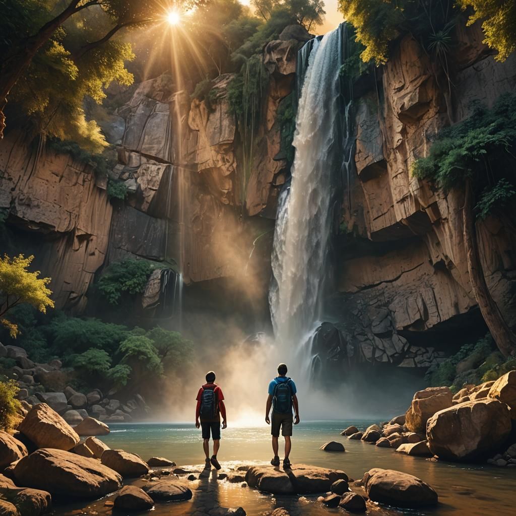 Hiker at Banias Waterfall in Golden Sunset Light