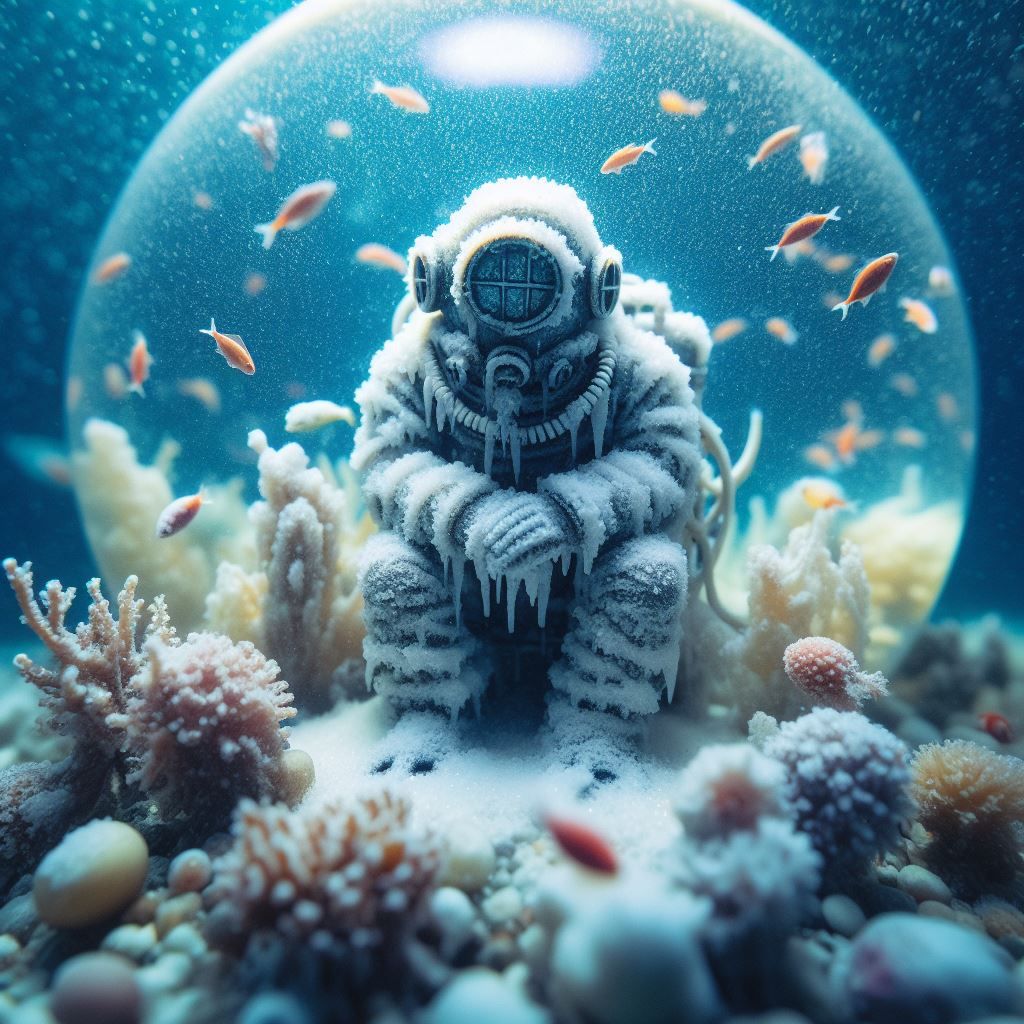 Frozen scuba diver in snow globe