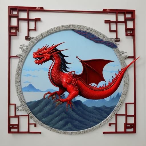 Soaring Red Dragon in Chinese Paper-Cut Style