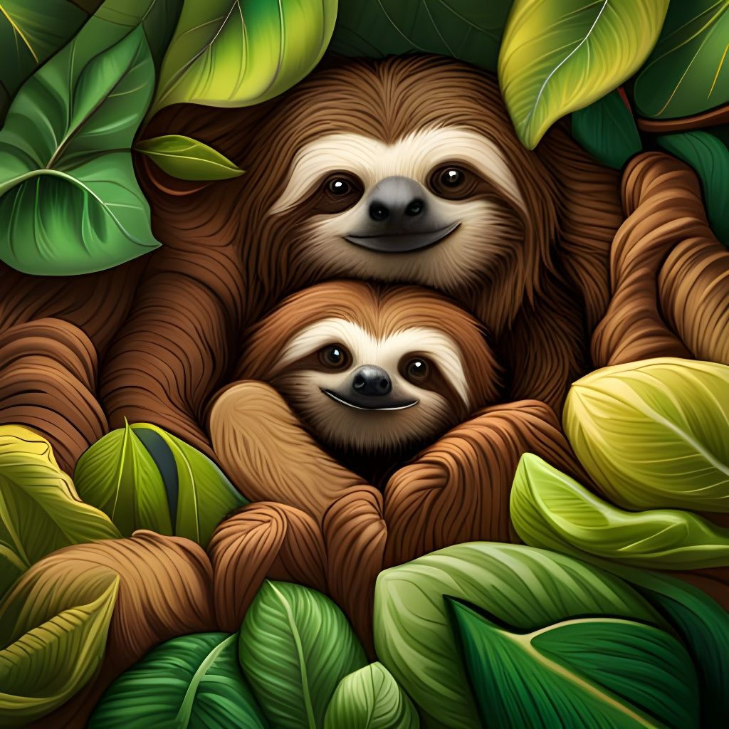 a cute fluffy friendly mother sloth with a baby