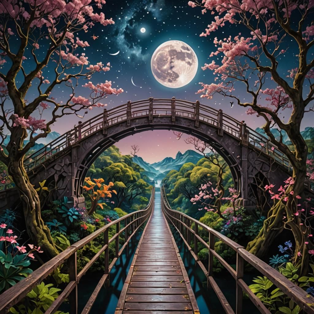 Magical moon bridge crossing, hypermaximalist  by @Artificial Artistry
