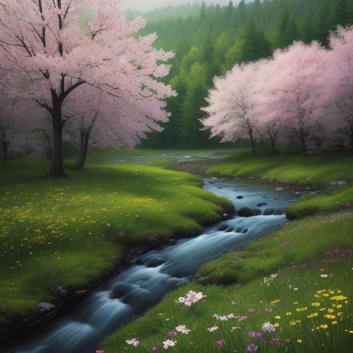 Spring meadow, lot of trees and spring flowers,vibrant color...