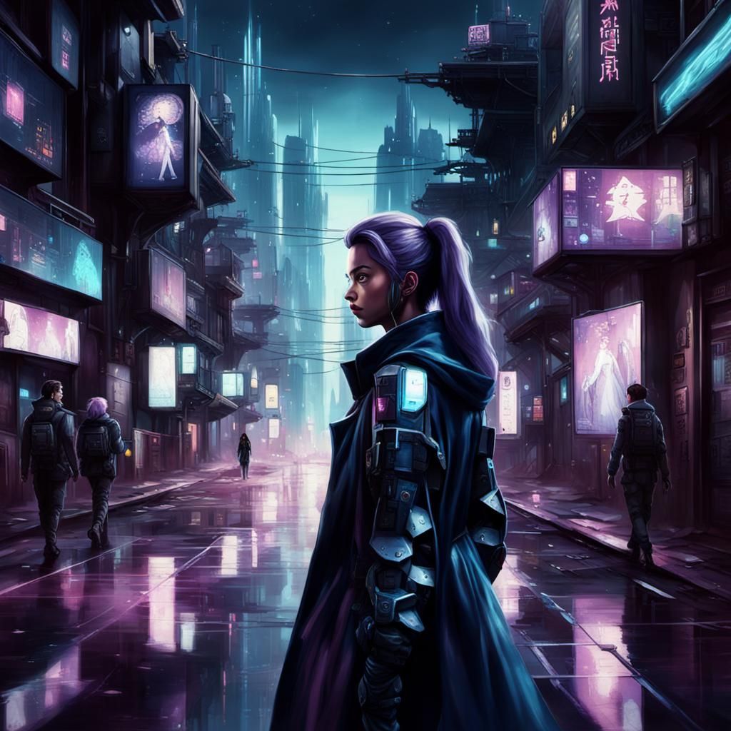 A (beautiful princess:1.3) walking through a (cyberpunk:1.2) city street. (masterpiece:1.5).