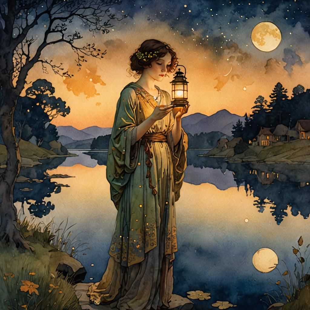 Watercolor illustration of Girl by the twilight lake holding a lantern by Maxfield Parrish and Gustav Klimt. Magical. Warm glow