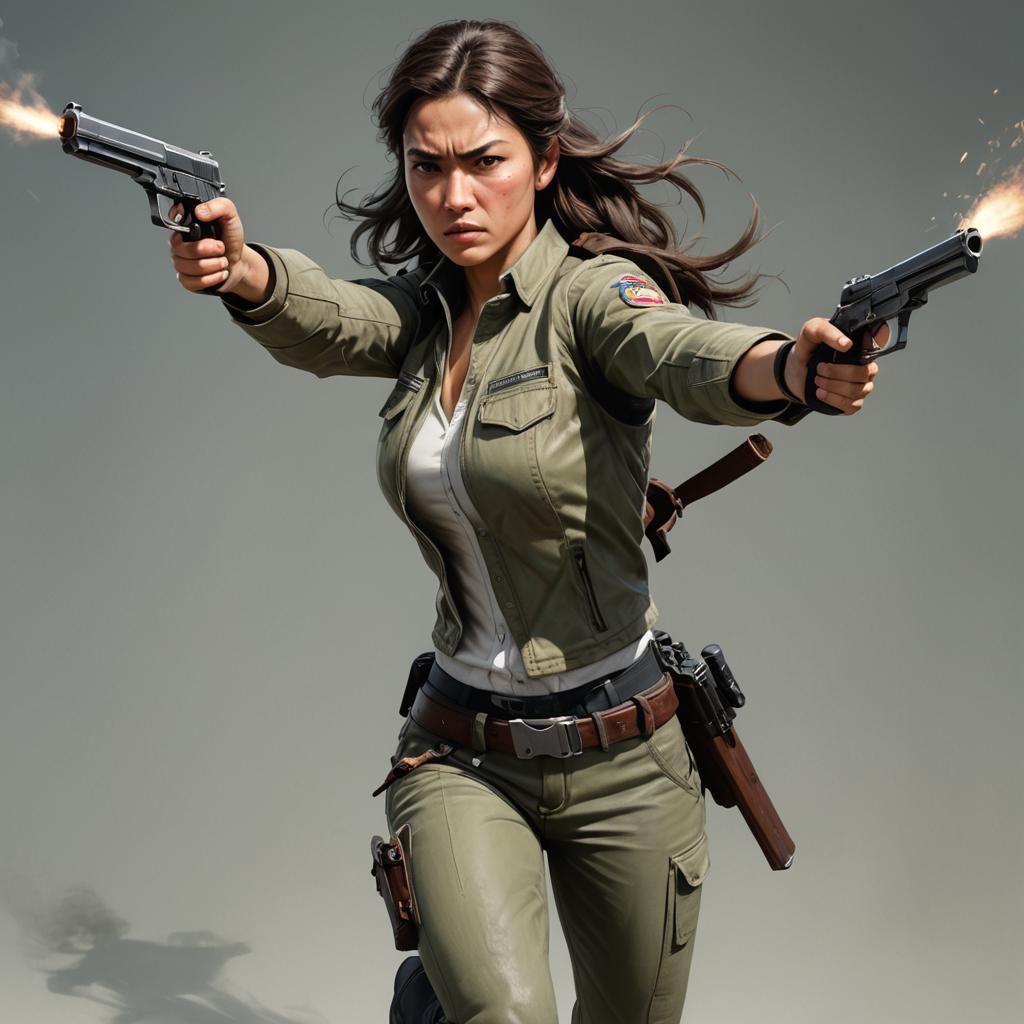 A hyperrealistic image of a woman in a dynamic action pose i...