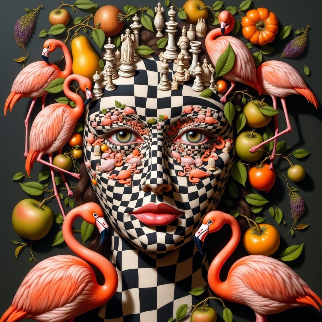 <lora:noddle:1.0> A face composed of a chess and flamingos. A bright hyperrealistic drawing in the mannerist style. Anamorphosis, têtes comp...