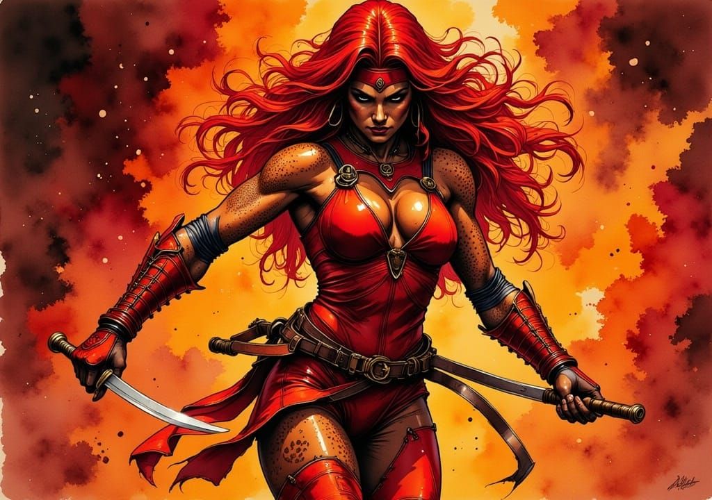 Red Sonja backlit, in a martial arts combat pose, <lora:Caffeine Fuelled II:1.0> sketch style, with intricate line work that emphasises the...