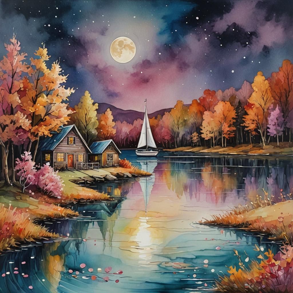 Lake Boathouse with Sailboat and Crystalline Moon
