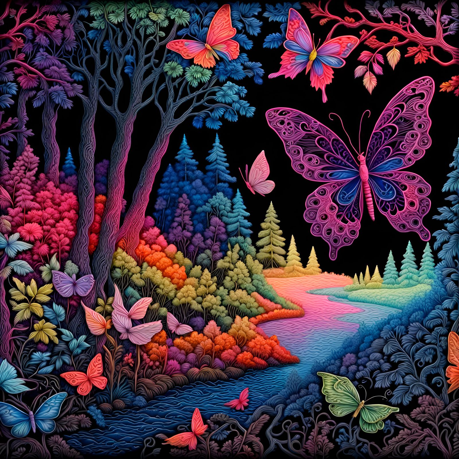Prismatic neon painted on black velvet,  Fantasy fairy fores...