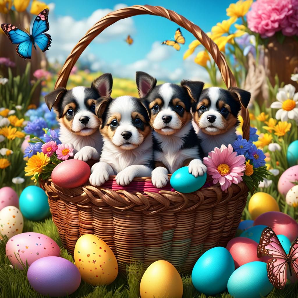 Vibrant puppies resting on Easter colored Eggs basket and fl...