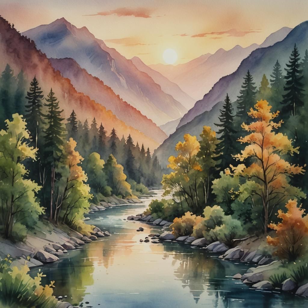 Beautiful sunset scenery of mountains rivers and trees in watercolour   by @Dr_Strange