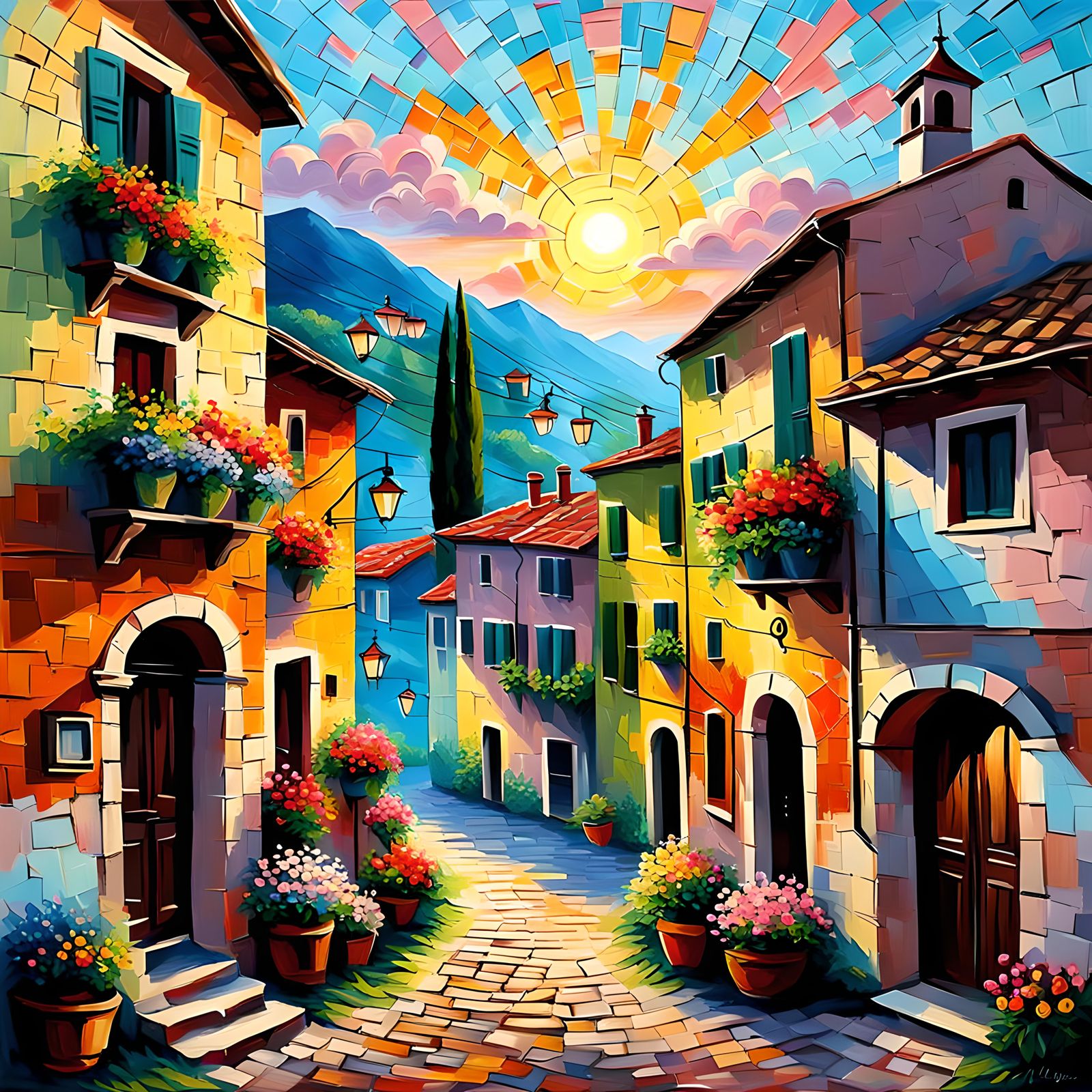 Quaint Italian village sunrise