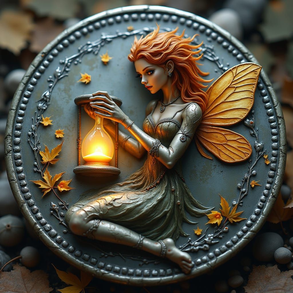 A silver coin with a fall fairy holding an hourglass on it