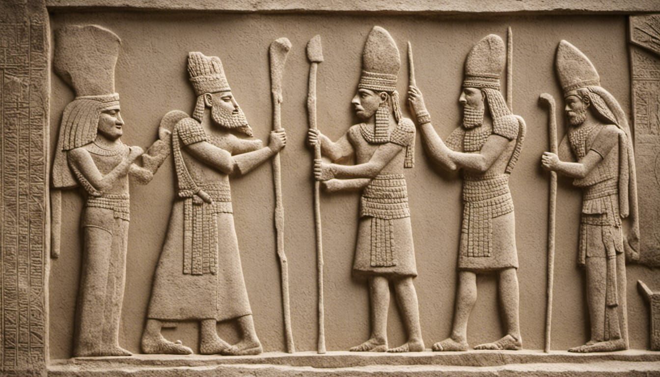 Assyrian relief depicting a king receiving homage from vassa...