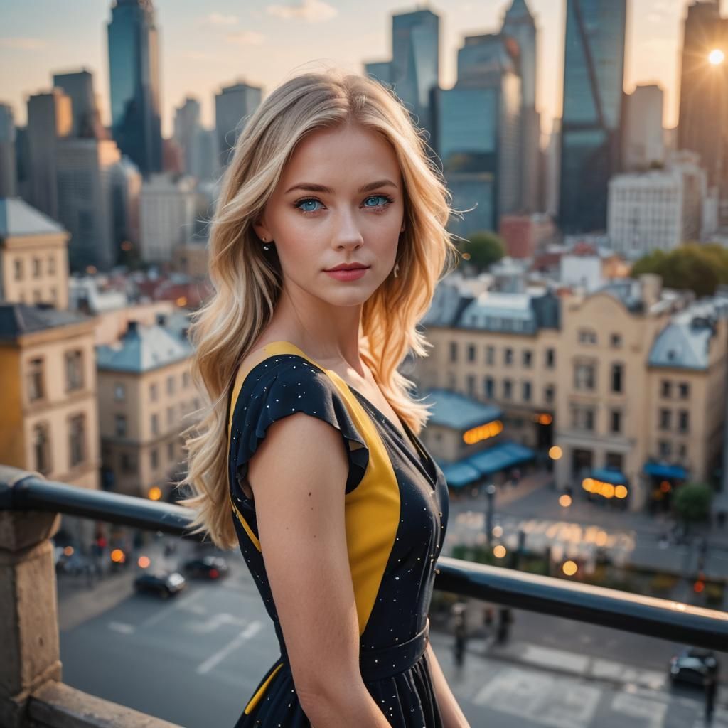Beautiful morning with background city and a beautiful blond...