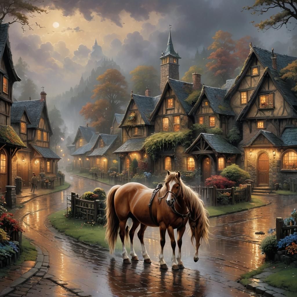 1 brown small pony, dark rainy village