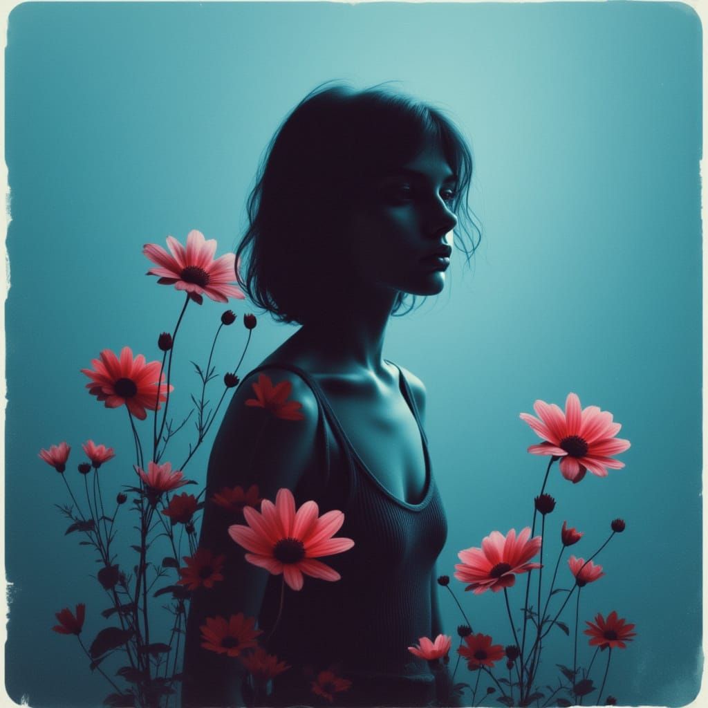 <lora:BleakBeauty:1.0> --profile i7vqu5z, ethereal, cerulean, 
```... woman, red, silhouette flowers