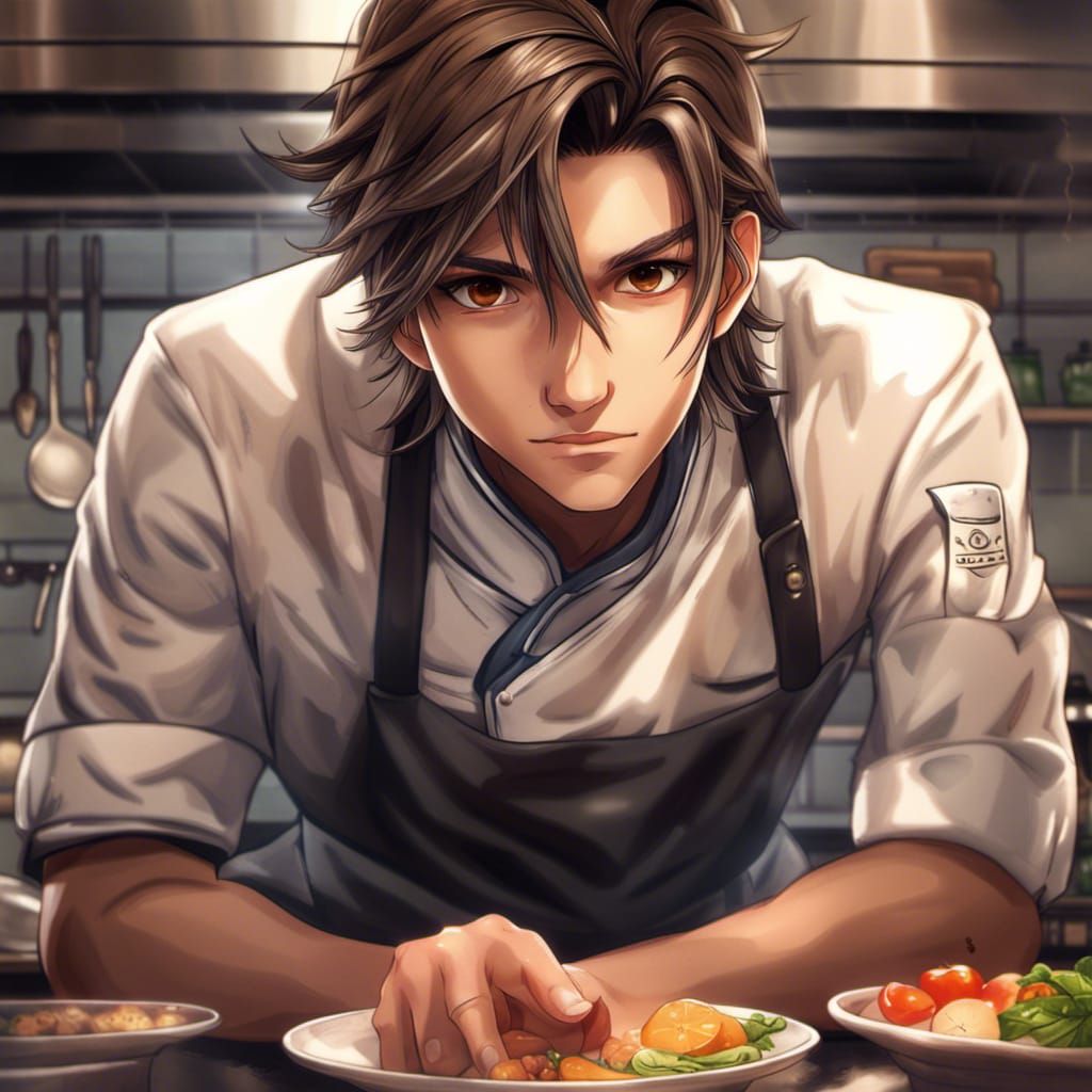 Brown eyes. Brown hair. Medium skintone. Male. Chef. Anime style. No electronics.