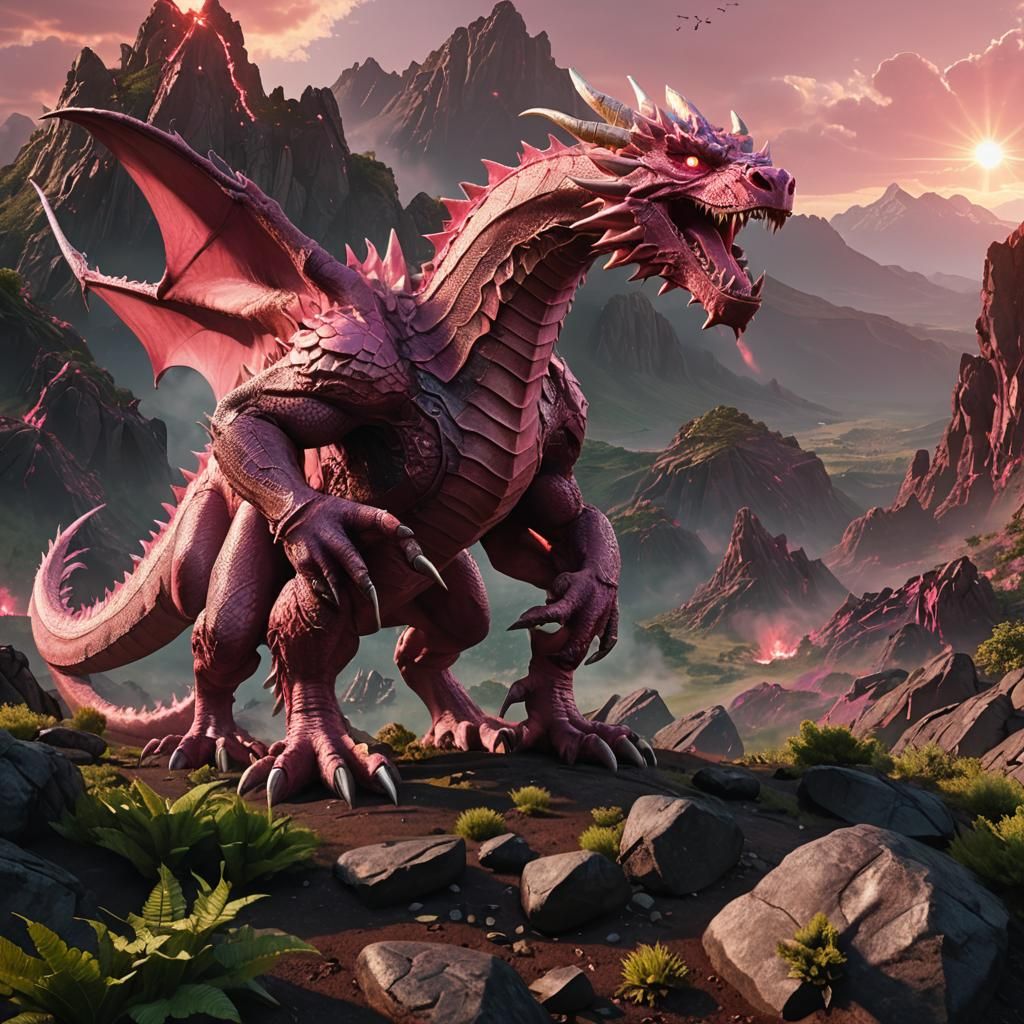 Giant Pink Dragon Emerges in Sci-Fi Landscape