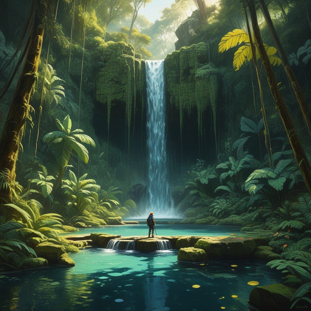 A lone explorer discovers a hidden waterfall cascading into a crystal-clear pool within a lush, overgrown jungle. 2