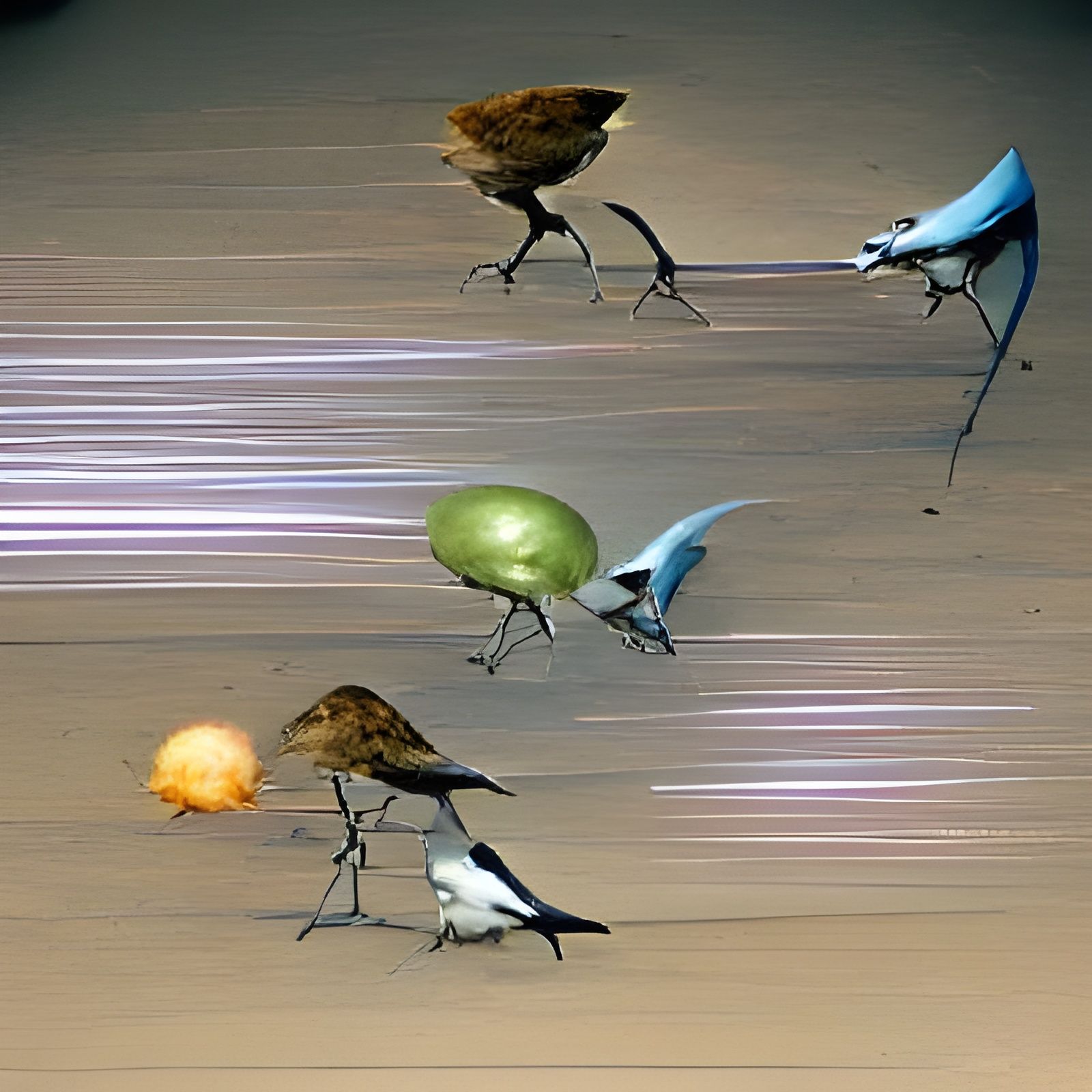 four birds fighting over an alien seed