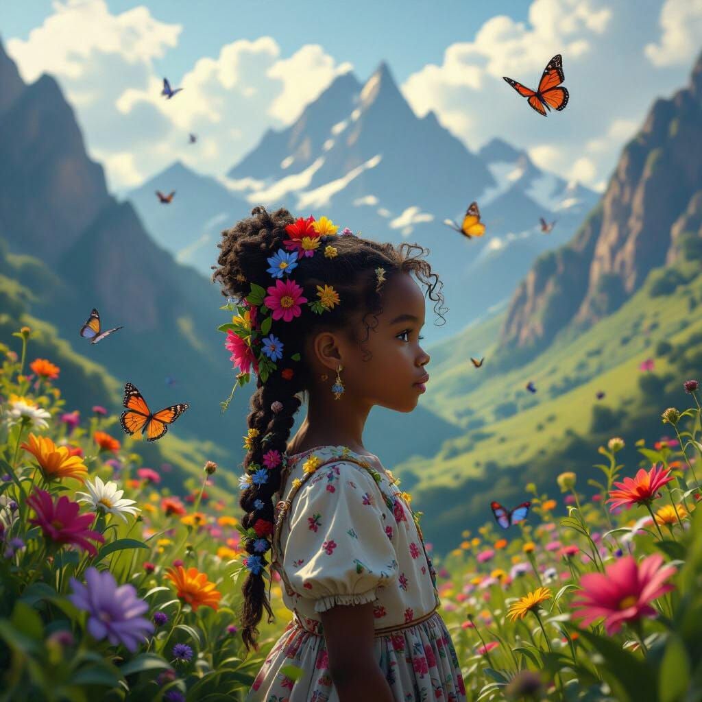 drawing style , a black mixed girl in  with a flowers and mountains with butterfly's and a valley
