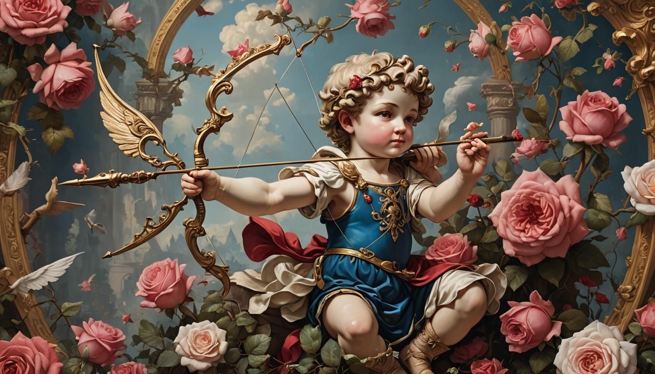 cupid cherub roses renaissance painting porcelain bow and ar...