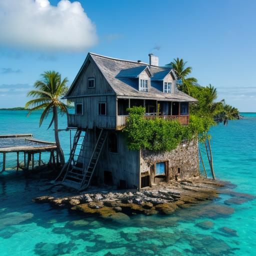 A multi-storey rickety old house on a tiny island in the mid...